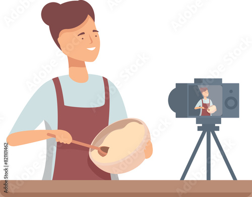 Smiling woman filming a cooking show for her digital camera in her modern kitchen. Creating content for her online tutorial vlogging channel. Mixing ingredients in a bowl with a wooden spoon
