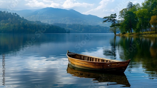 Tranquil Lake Boating: A Serene Rowboat Journey Amidst Reflections of Surrounding Wilderness photo
