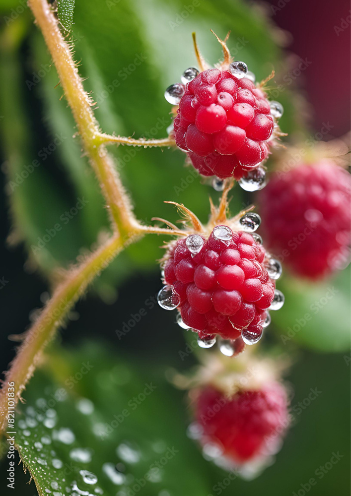 Close-Up of Fresh Raspberry, Dew Drops, Vibrant Red Fruit, Green Leaf, Natural Berries, Juicy Raspberry, Organic Produce, Macro Photography Close-Up of Fresh Raspberry, Dew Drops, Vibrant Red Fruit, Green Leaf, Natural Berries, Juicy Raspberry, Organic Produce, Macro Photography