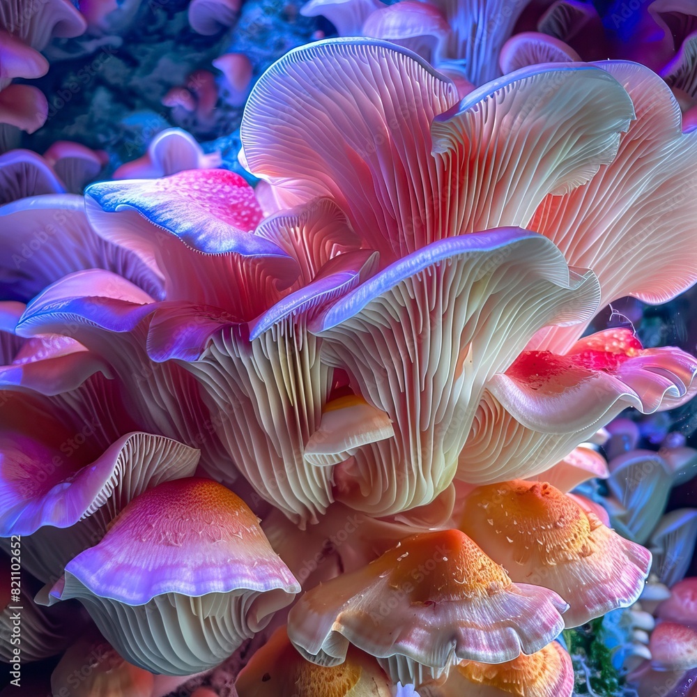 Close up beautiful bunch mushrooms color light Close up beautiful bunch mushrooms color light
