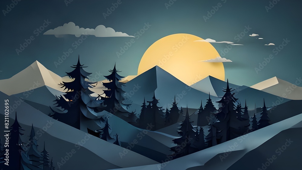 Obraz premium landscape with moon Paper Art Illustration Design Generative ai
