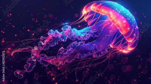 neon jellyfish, glowing jellyfish, luminescent jellyfish, bioluminescent jellyfish, fluorescent jellyfish, vibrant jellyfish, electric jellyfish, neon marine life, radiant jellyfish, neon sea creature © Eugene