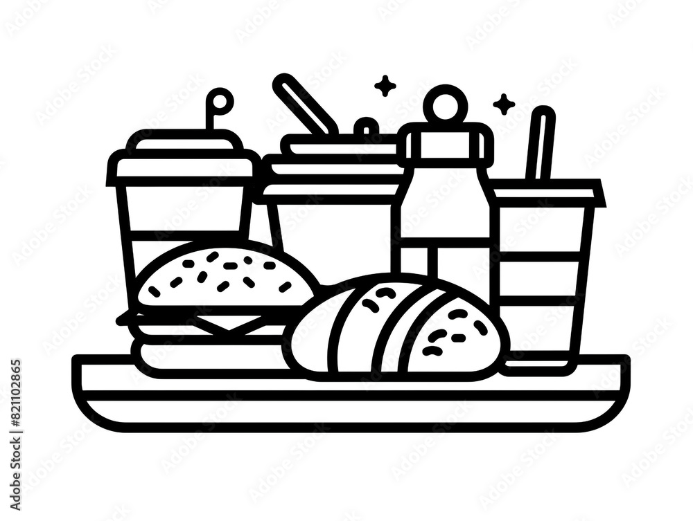 Outline icon of a plate of fast food. Minimal style on white background. Outline icon of a plate of fast food. Minimal style on white background.
