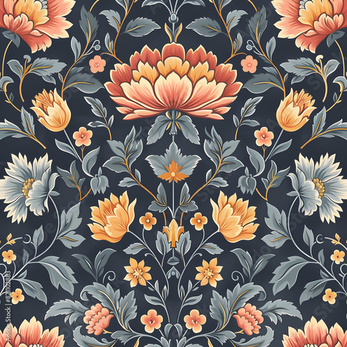 A floral patterned wallpaper with a blue background
