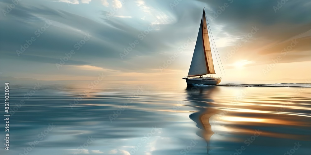 Serenely sailing through tranquil blue waters, a sailboat leaves a gentle wake. Concept Tranquil Waters, Sailing, Sailboat, Blue Serenity, Nautical Journey