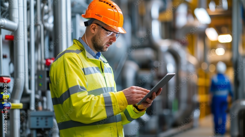 Safety inspector in uniform, using a tablet to review safety procedures and equipment at an industrial facility Safety inspector in uniform, using a tablet to review safety procedures and equipment at an industrial facility