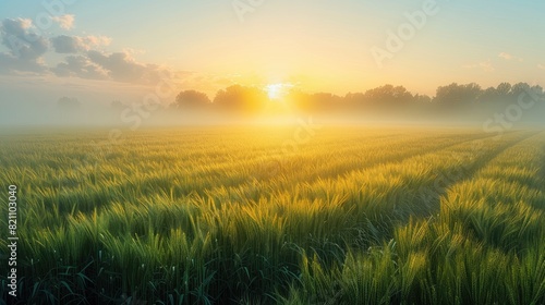 Depict a peaceful scenery backdrop  evocative of well-known stock photo locations such as a calm field at sunrise