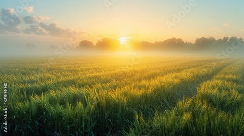 Depict a peaceful scenery backdrop, evocative of well-known stock photo locations such as a calm field at sunrise
