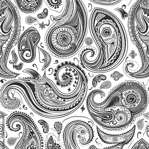 A black and white paisley patterned fabric with a white background