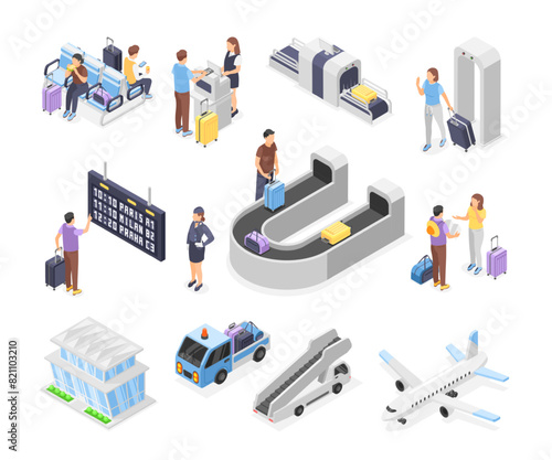 Isometric 3d airport passengers. Departure or arrivals boards, luggage tape and professional team. Check in stand, airplane and suitcase, flawless vector set