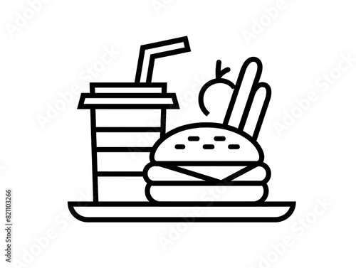 Outline icon of a plate of fast food. Minimal style on white background. 