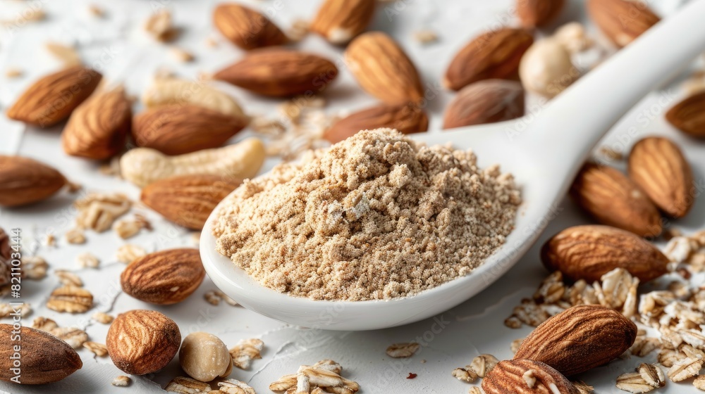 Mixed Nut Powder in a white spoon ,white background,birdeye view,close up,realistic Mixed Nut Powder in a white spoon ,white background,birdeye view,close up,realistic