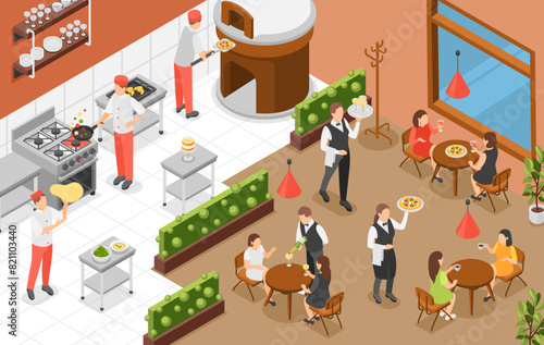 Isometric cafe interior. Open kitchen restaurant or pizzeria. People meeting, drinking and eating. Waiters delivering food flawless vector scene