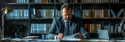 Detective in a suit carefully examines photographs and documents laid out on the table in his dimly lit office