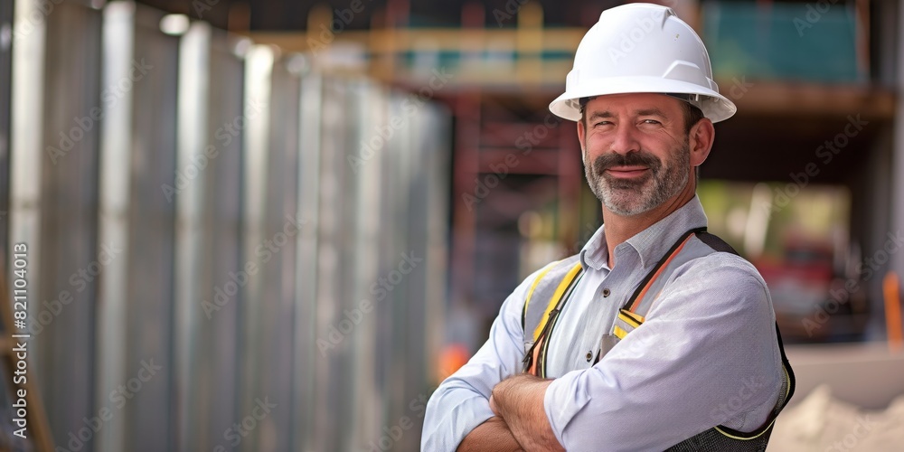 A mature construction manager with crossed arms smiling confidently, standing at a construction site wearing a hard hat A mature construction manager with crossed arms smiling confidently, standing at a construction site wearing a hard hat