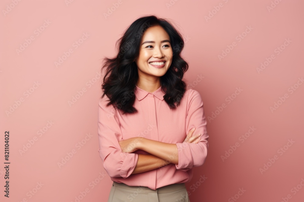 Portrait of a satisfied asian woman in her 30s with arms crossed while standing against solid pastel color wall