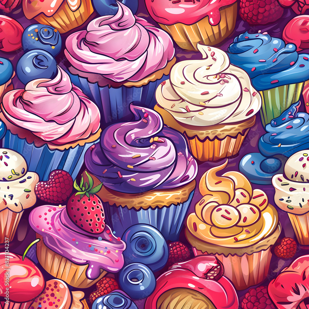 A colorful array of cupcakes with frosting and sprinkles, including blueberry A colorful array of cupcakes with frosting and sprinkles, including blueberry