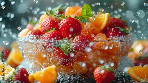 Fresh strawberries and orange slices in a glass bowl with water splashes, highlighting their vibrant colors and freshness.