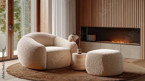 a living room adorned with a concrete-effect wall, featuring a cozy fireplace as the backdrop, and furnished with a round armchair, ottoman, and coffee table in beige and brown color palette.