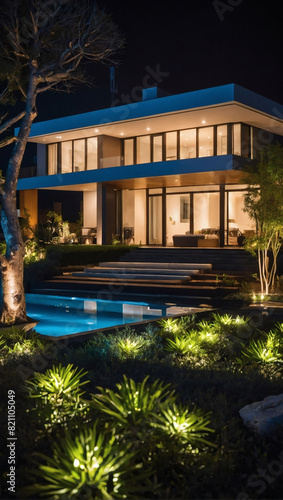 Sleek modern house showcasing its garden in the night