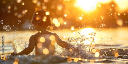 A joyful child splashes in the water with sun setting behind, creating a warm, golden-hour ambiance
