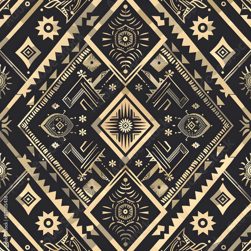 A black and gold patterned design with a sun in the center photo