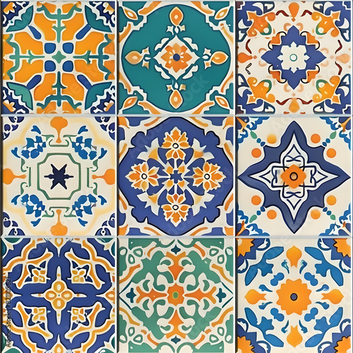 A colorful tile mosaic with a variety of shapes and designs, textile pattern