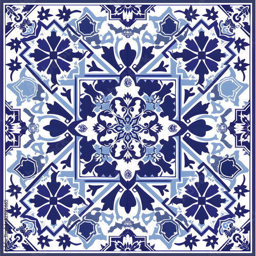 A blue and white tile pattern with flowers and leaves
