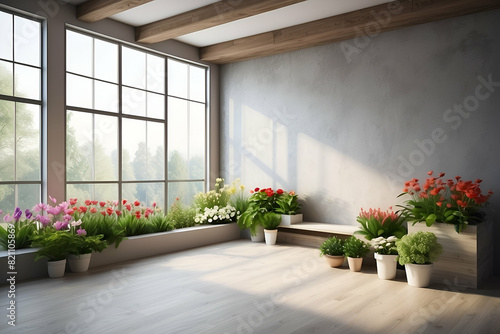 Eco concept with beautiful flowers and garden in interiors.