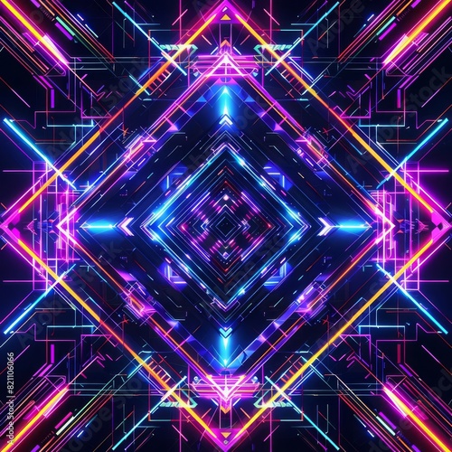 Vibrant and symmetrical neon light pattern with colorful geometric shapes and futuristic design on a dark background.