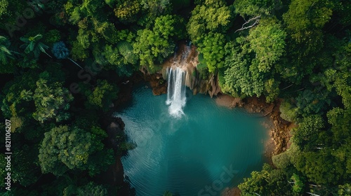 Aerial shot of a waterfall plunging into a tranquil pool, surrounded by dense forest, a serene oasis from above. photo