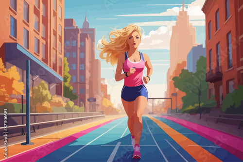 cartoon in artistic style of a race track in the middle  a woman running illustration