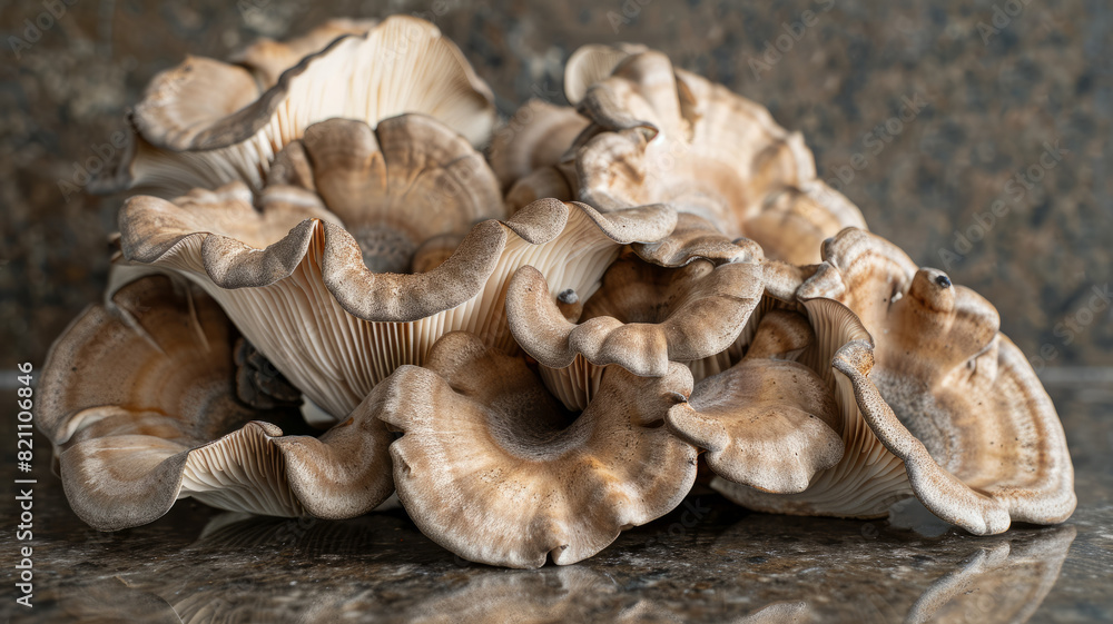 Cluster of oyster mushrooms on a textured stone surface. Cluster of oyster mushrooms on a textured stone surface.