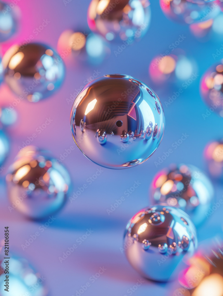 Reflective metallic spheres floating with pink and blue background.