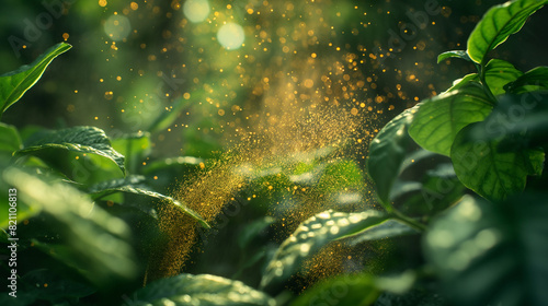 Product photo of some tobacco powder in the air and in the middle on the left. Small amount of green-brown powder coming out of the tobacco is spraying towards the left. Generative AI Illustrations.