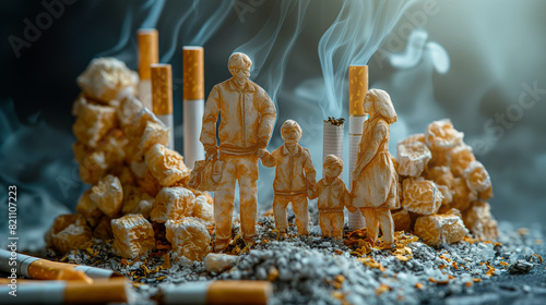 Paper cut of family destroyed by cigarettes. Drugs destroying family concepts. Quit smoking for life on world no tobacco day concepts. Generative AI Illustrations.