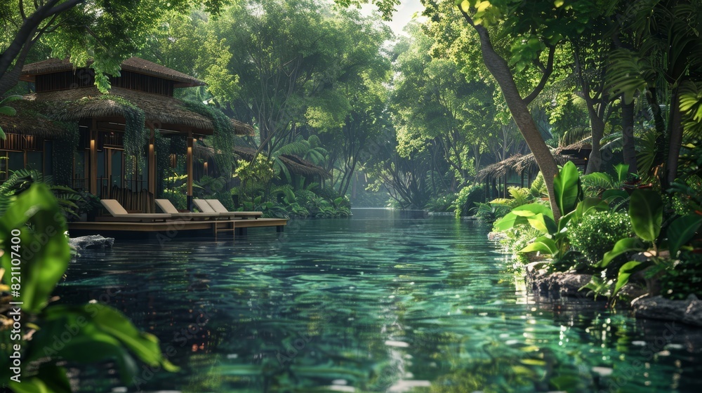 Generate a visual narrative of a tranquil water resort