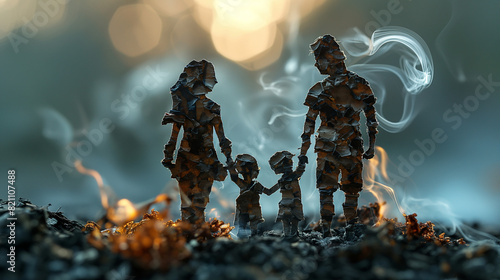Paper cut of family destroyed by cigarettes. Drugs destroying family concepts. Quit smoking for life on world no tobacco day concepts. Generative AI Illustrations. #821107488