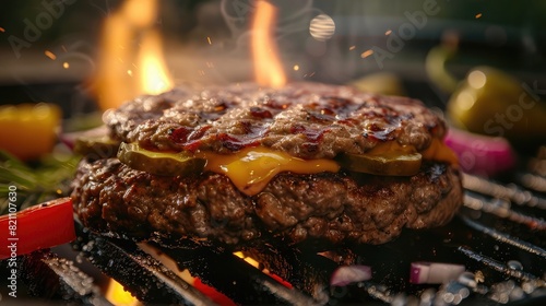classic beef burger sizzling on the grill, topped with melted cheese and fresh vegetables.