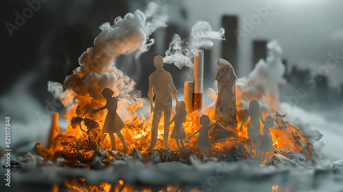 Paper cut of family destroyed by cigarettes. Drugs destroying family concepts. Quit smoking for life on world no tobacco day concepts. Generative AI Illustrations.