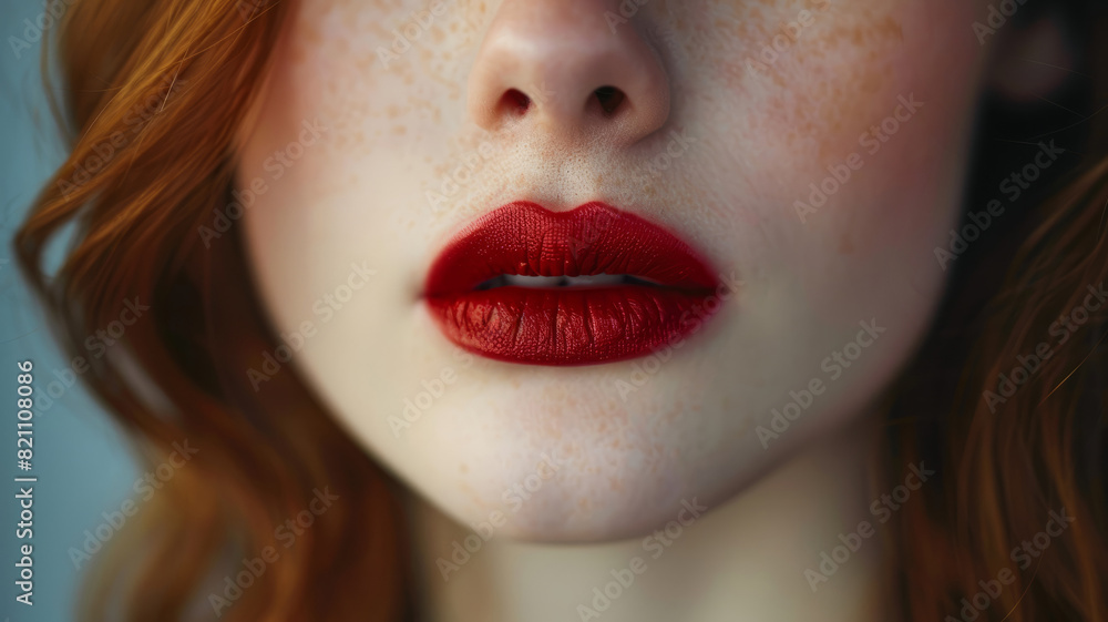 Close-up of a woman's red lips and fair skin with freckles. Close-up of a woman's red lips and fair skin with freckles.