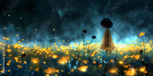 Young girl wearing a yellow dress standing among flowers at night