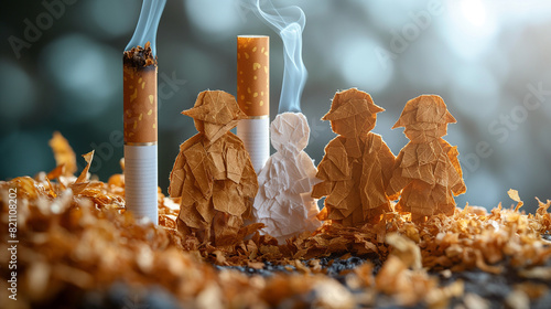 Paper cut of family destroyed by cigarettes. Drugs destroying family concepts. Quit smoking for life on world no tobacco day concepts. Generative AI Illustrations. © Oranuch