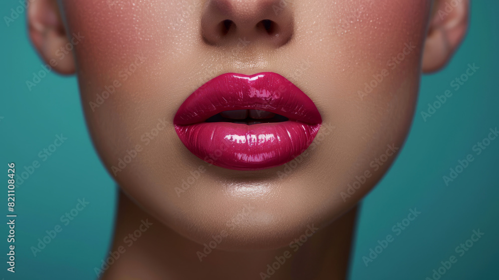 Naklejka premium Close-up of woman's glossy red lips with clear skin