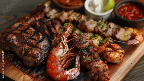 delicious platter featuring a variety of grilled meats and seafood, perfect for sharing.