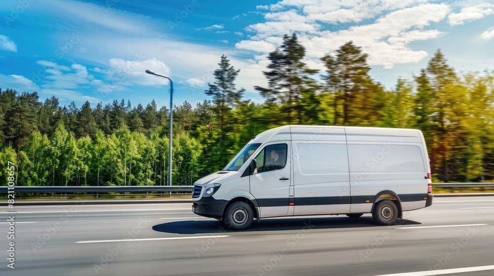 a white cargo van speeding along the highway, its motion blurred by the fast-paced journey.
