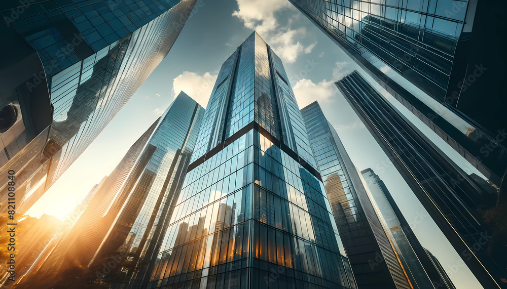 A ground-up view of tall modern skyscrapers with reflective glass windows A ground-up view of tall modern skyscrapers with reflective glass windows