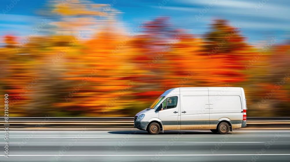 a white cargo van speeding along the highway, its motion blurred by the fast-paced journey.