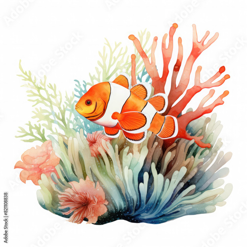Watercolor Sea Anemone And Clownfish, clipart Illustration, Generative Ai