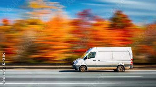 a white cargo van speeding along the highway  its motion blurred by the fast-paced journey.